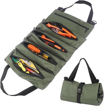 Tool Bag Roll Up,Heavt Duty Tool Organizer Portable Tool Storage Bags Waterproof Oxford Cloth-Zipper Pouch for Men Mechanic, Electricians, Repairman, Green