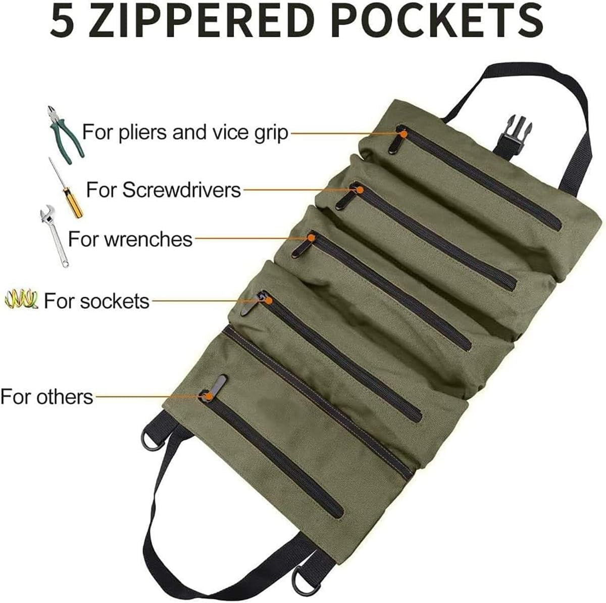 Tool Bag Roll Up,Heavt Duty Tool Organizer Portable Tool Storage Bags Waterproof Oxford Cloth-Zipper Pouch for Men Mechanic, Electricians, Repairman, Green
