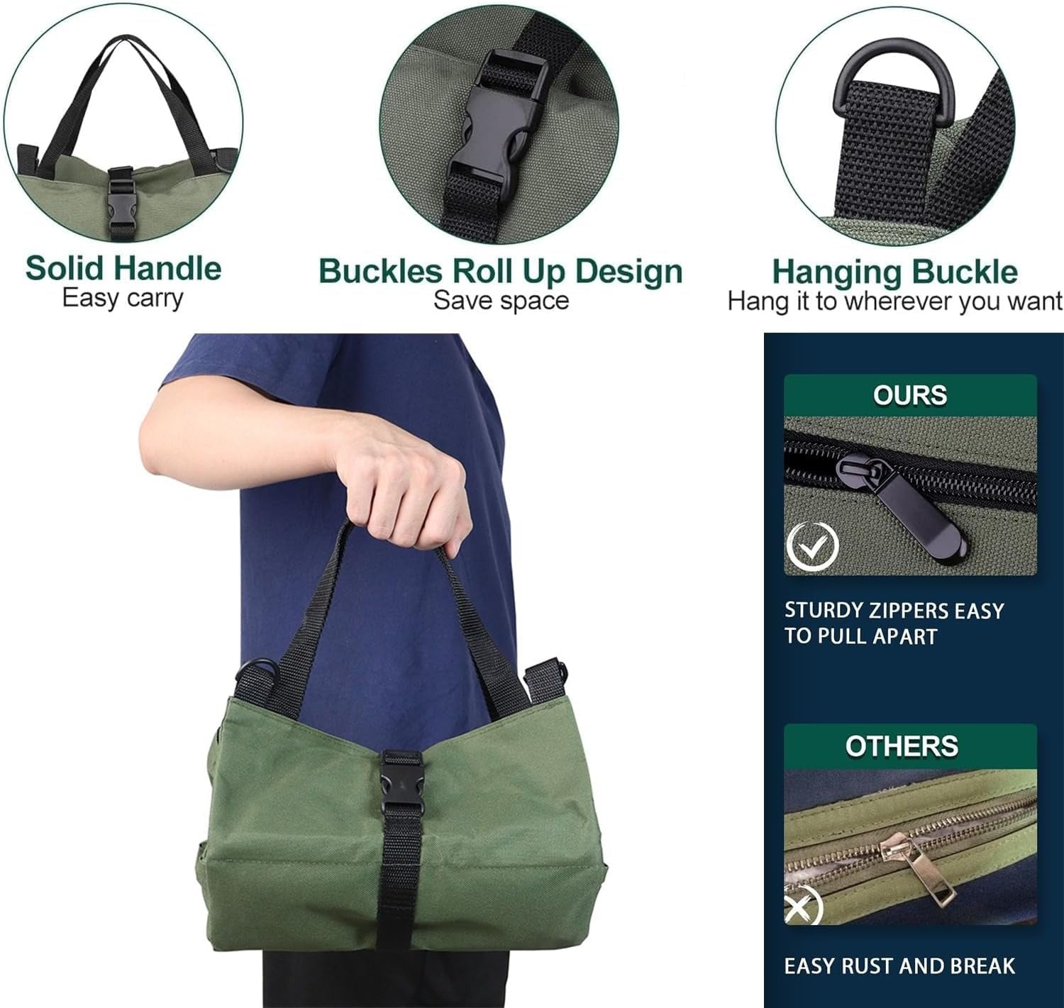 Tool Bag Roll Up,Heavt Duty Tool Organizer Portable Tool Storage Bags Waterproof Oxford Cloth-Zipper Pouch for Men Mechanic, Electricians, Repairman, Green