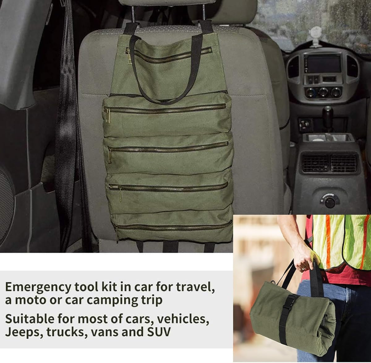 Tool Bag Roll Up,Heavt Duty Tool Organizer Portable Tool Storage Bags Waterproof Oxford Cloth-Zipper Pouch for Men Mechanic, Electricians, Repairman, Green