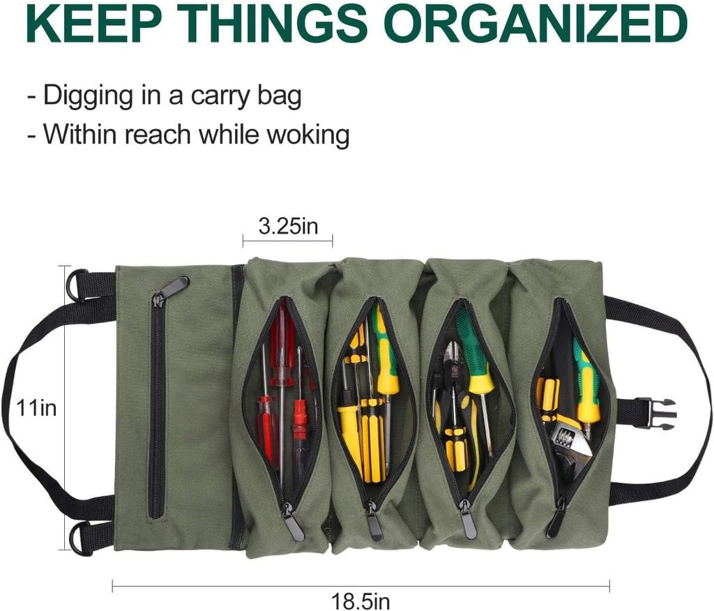 Tool Bag Roll Up,Heavt Duty Tool Organizer Portable Tool Storage Bags Waterproof Oxford Cloth-Zipper Pouch for Men Mechanic, Electricians, Repairman, Green