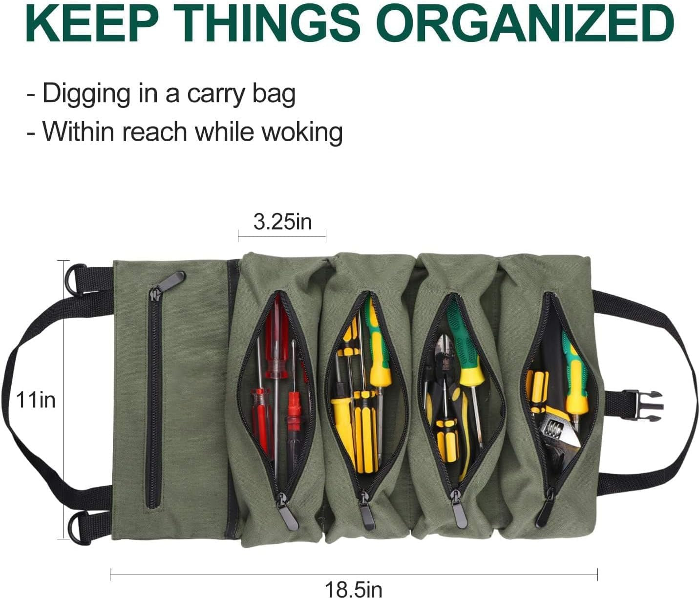 Tool Bag Roll Up,Heavt Duty Tool Organizer Portable Tool Storage Bags Waterproof Oxford Cloth-Zipper Pouch for Men Mechanic, Electricians, Repairman, Green