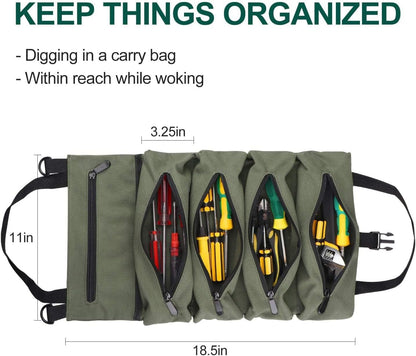 Tool Bag Roll Up,Heavt Duty Tool Organizer Portable Tool Storage Bags Waterproof Oxford Cloth-Zipper Pouch for Men Mechanic, Electricians, Repairman, Green
